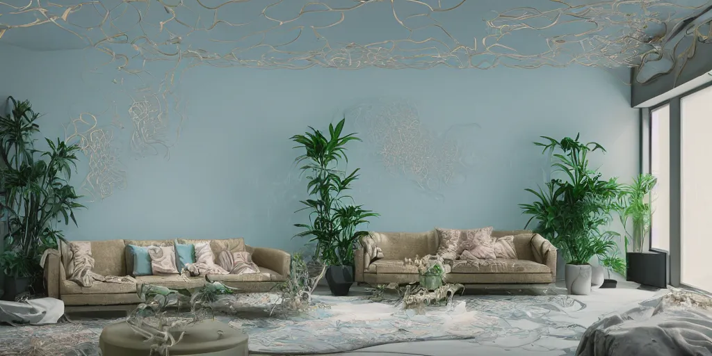 Prompt: a modern indoor room underwater surounded a hiper detailed thin golden tendrils, clean architecture, pastel colored, baroque, a couch, a couch table, some fresh plants, intricate detailed 3 d render, elegant, intense colors, wide shot, octane render, photorealistic, daylight, peaceful, 8 k