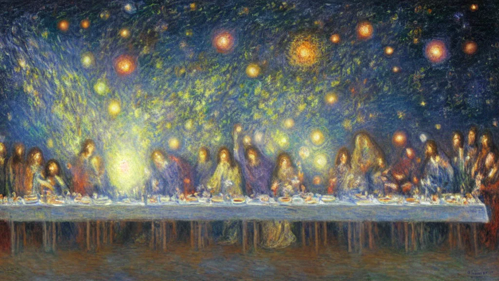 Image similar to the last supper claude monet, space, stars, nebula explosion, milky way, galaxy, galactic, digital art.