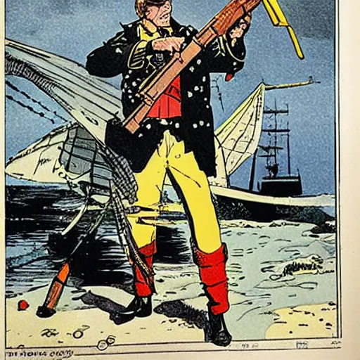 Prompt: hugo pratt comic book of donal duck killing pirates with a gun