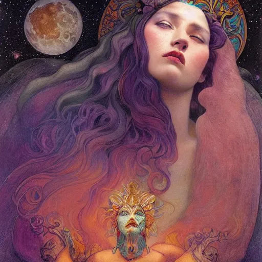 Image similar to queen of the moon with stars in her hair, by tino rodriguez and annie swynnerton and nicholas roerich and jean delville and donato giancola and tom bagshaw and lucien freud, dramatic lighting, floral tattoos, rich colors, smooth sharp focus, extremely detailed, adolf wolfli