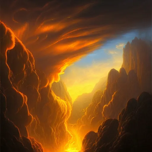 Image similar to A beautiful hyper realistic detailled matte painting of a fiery torrent of wind overflowing with Yellow energy, nightfall, barometric projection, by andreas rocha john howe, and Martin Johnson Heade, featured on artstation, featured on behance, ultrawide angle,f16