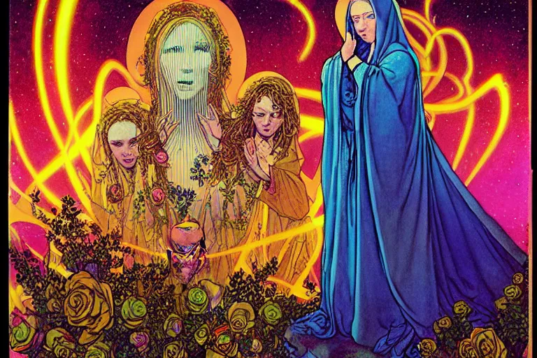 Image similar to a hyperrealist watercolour character concept art portrait of the blessed mother mary at night in las vegas, nevada. there is a ufo. neon roses. psychedelic elements. by rebecca guay, michael kaluta, charles vess and jean moebius giraud