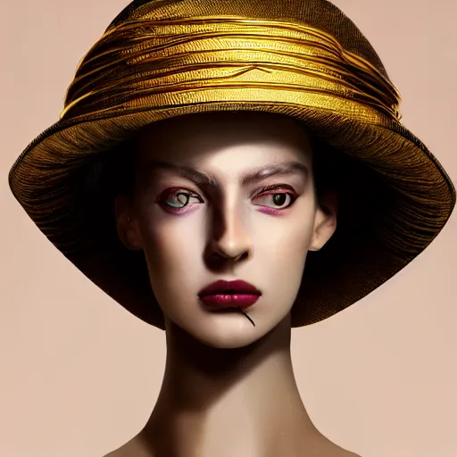 Prompt: a beautiful Futuristic portrait with hat made by gold wires twisted around her face ,inspired by egon schiele ,baroque art detailed, jewelry,ornaments,new classic,hyper realistic,cinematic composition,cinematic lighting,fashion design, concept art, hdri, 4k -