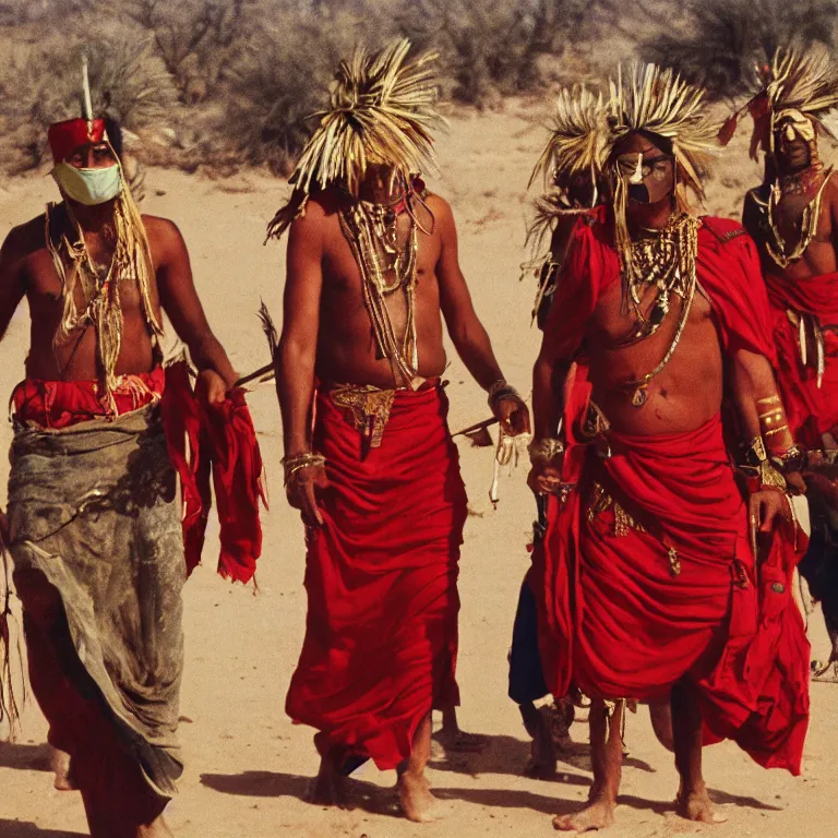 Image similar to 8k pov of a tribe in the desert, Cinestill 800t trending on Flickr, wear red tunics and very long beak gold mask and jewels