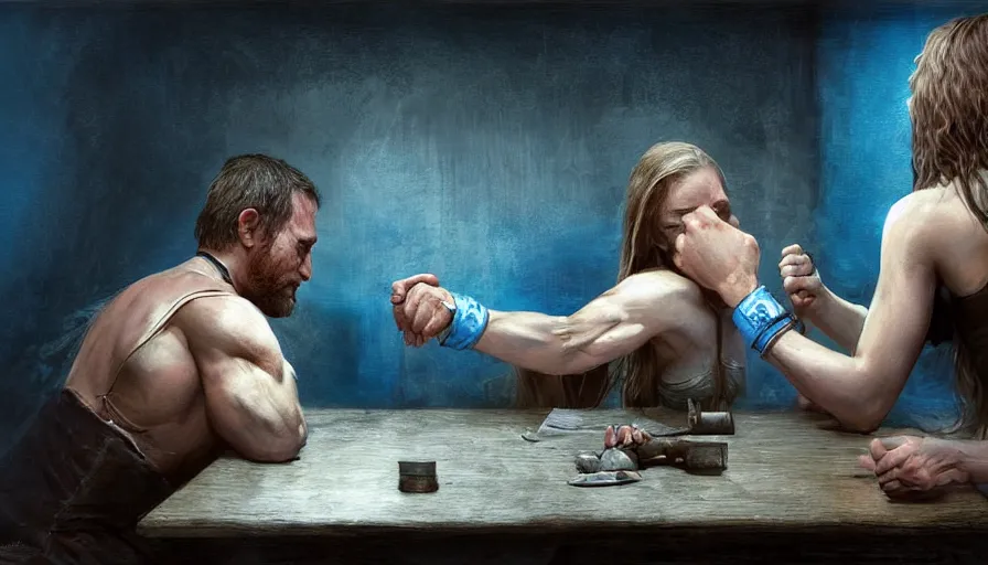 Image similar to arm wrestling between ( vladimir putin ) and ( ( ( a young pretty girl with long hair and blue eyes ) ) ), hyperrealistic, digital concept art, caricature illustration, violent. horror. art by gaston bussiere and greg rutkowski in yelow and blue color