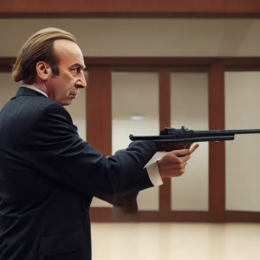 Prompt: saul goodman shooting a gun in a courthouse