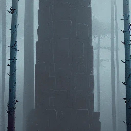 Image similar to Monumental old ruins tower of a dark misty forest, overcast, sci-fi digital painting by Simon Stålenhag