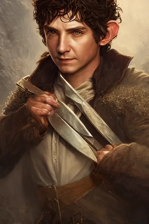 Prompt: A beautiful digital painting of a male hobbit ranger, intricate, cinematic lighting, highly detailed, digital painting, Artstation, concept art, smooth, sharp focus, illustration, art by Tom Bagshaw, Artgerm and Greg Rutkowski