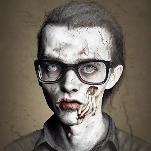 Image similar to portrait of an intellectual zombie in the style of stefan kostic, artstation, concept art, realistic photo