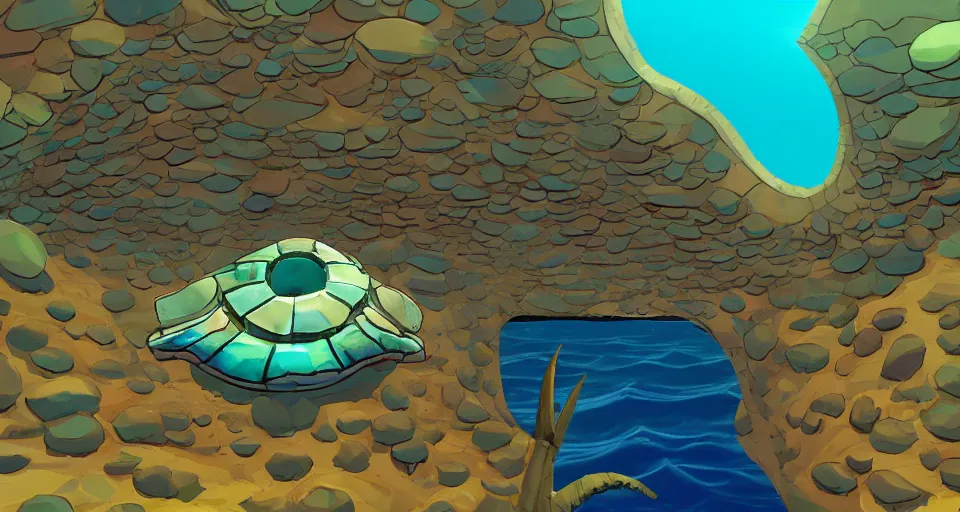 Prompt: giant abalone - shaped seashell house in the ocean by roger deakins, bill sienckiwicz, in the style of zelda windwaker, triadic color scheme, cell shading, 3 d