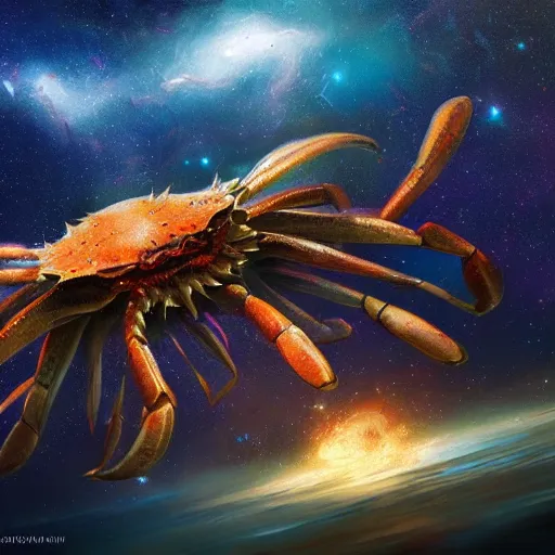 Image similar to a giant crab constellation flying through a nebula by WLOP and tony sart, fantasy art, 4k, HDR, photorealistic, 8k, trending on artstation