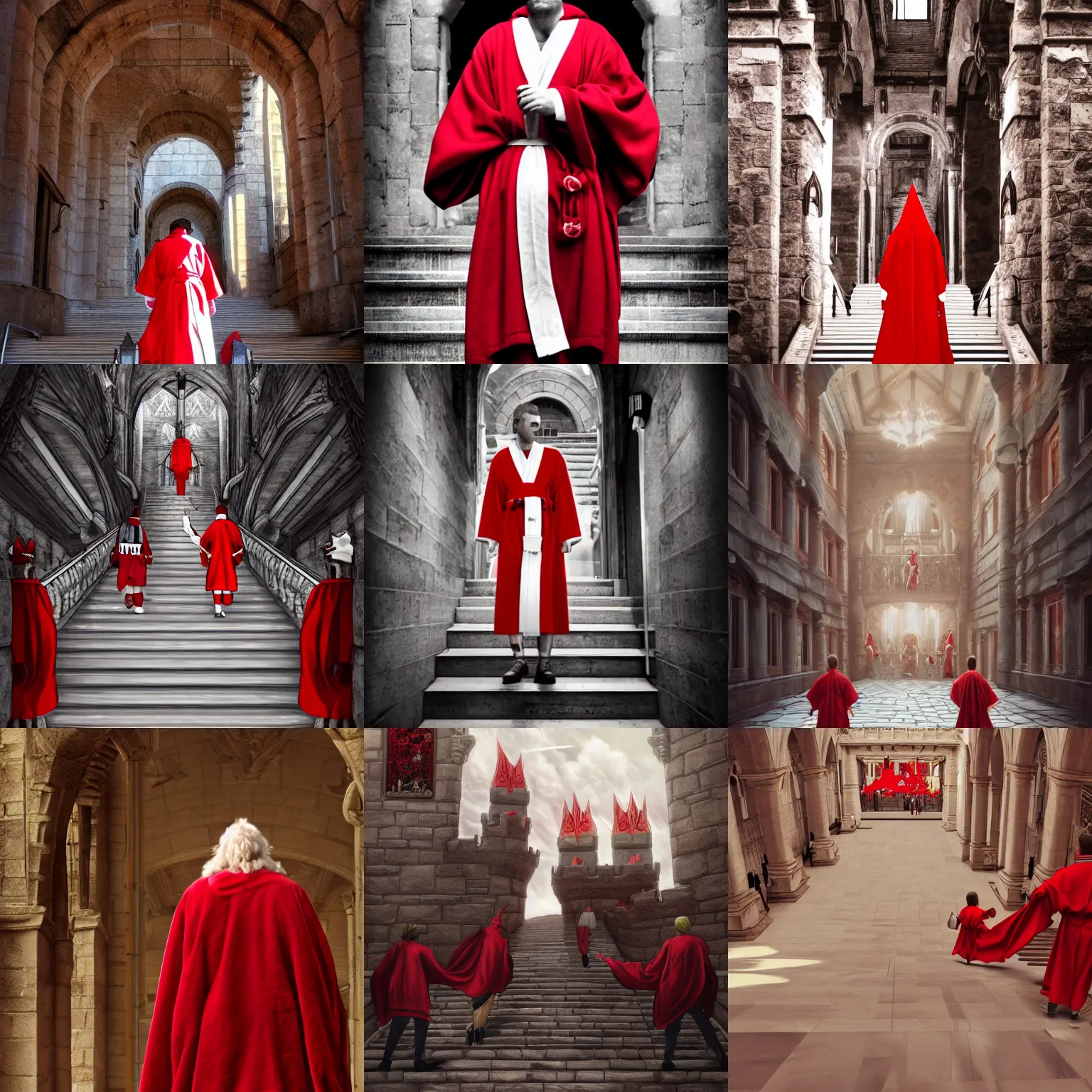 Prompt: A king in red and white robes coming down the escalator to the castle courtyard, late morning, fluffy white clouds, anachronistic fantasy, digital art, trending on artstation, 4k