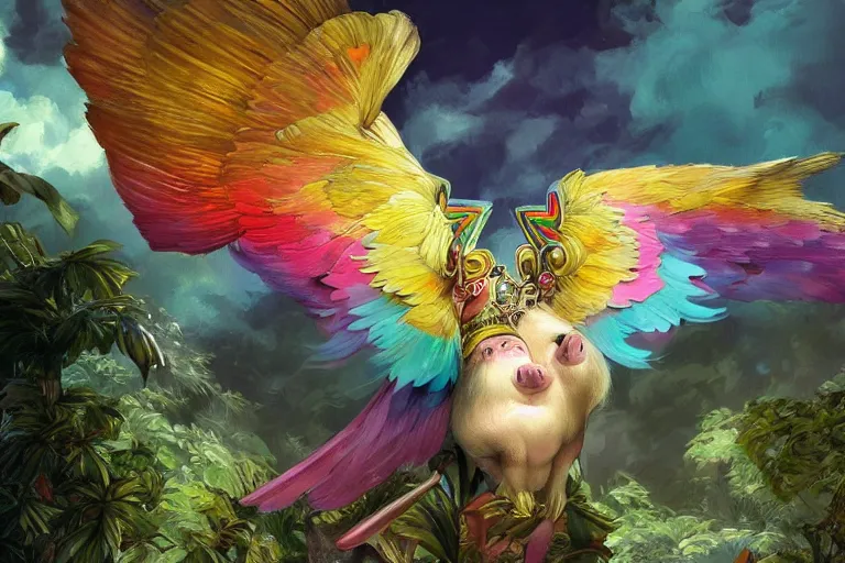Image similar to a pig with rainbow feathered wings, flying above a tropical forest, HD, illustration, epic, D&D, fantasy, intricate, elegant, highly detailed, digital painting, artstation, concept art, smooth, sharp focus, illustration, wallpaper, art by artgerm and greg rutkowski and alphonse mucha and jin xiaodi and anthony devine