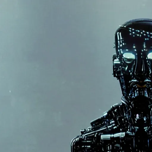 Image similar to movie still of a villain cyborg, facial expression, cinematic composition, cinematic light, surreal cinema, by edgar wright and david lynch,