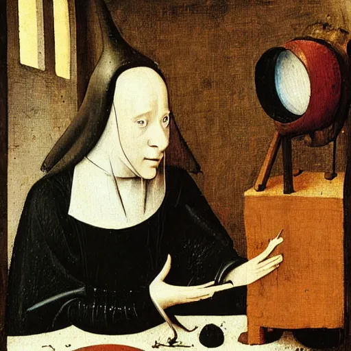 Prompt: woman recording her first tik tok video ever, 1 4 3 0, medieval by hieronymus bosch