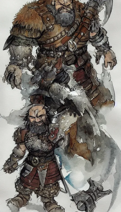 Image similar to Dwarf Barbarian, drawn by Yoji Shinkawa, water color, Dungeons and Dragons, Wizards of the Coast