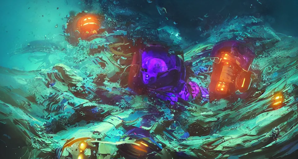 Image similar to bioluminescent underwater life fighting, blue, orange, purple, cyberpunk submersible, deep ocean, bottom of the sea, dark, extreme depths, organic, mariana trench, midnight zone, bubbles, hyper realistic, hyper detailed, digital art, trending in artstation, studio quality, photorealistic, photo, by jesper ejsing, wlop, paul lehr