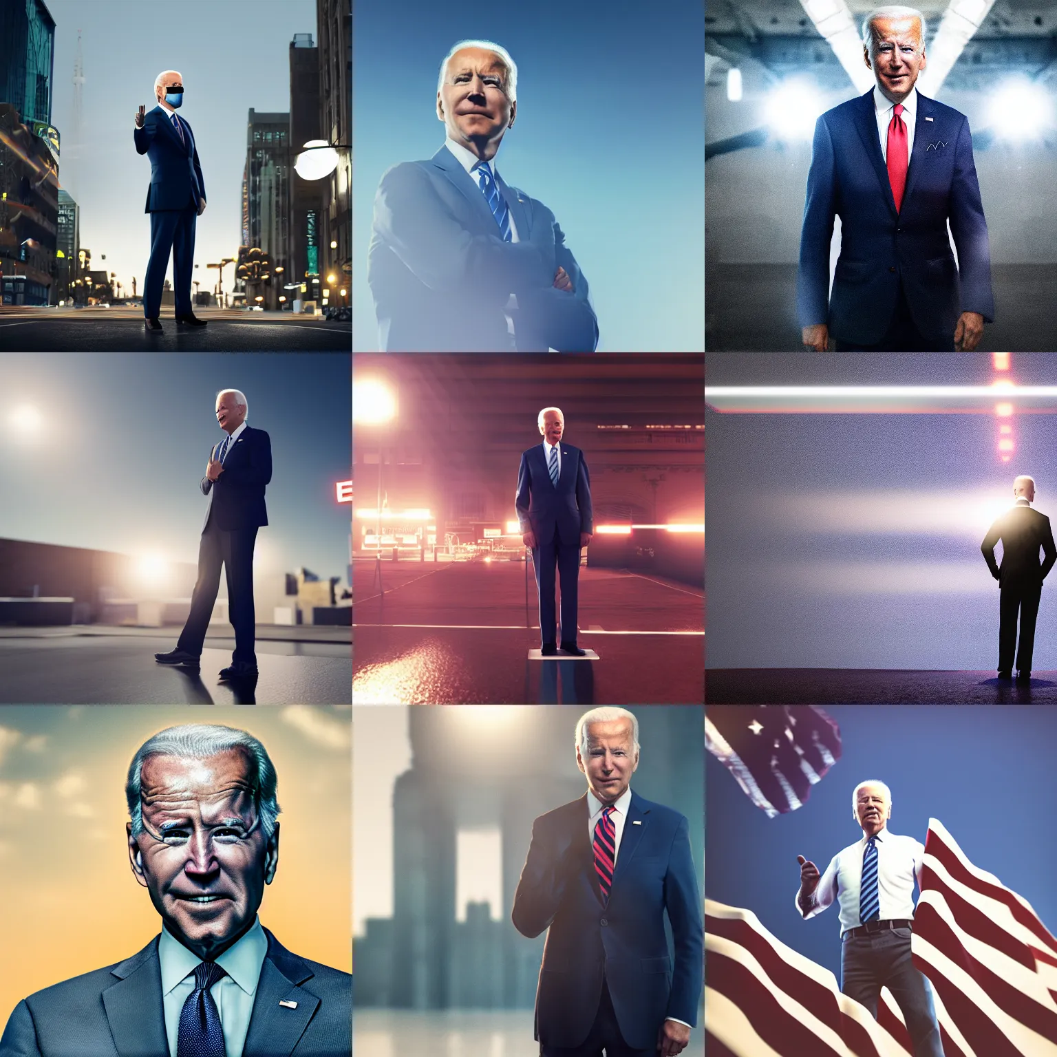 Prompt: Joe Biden standing on air, cinematic, hyper realism, high detail, bright lights, lens flare, octane render, 8k