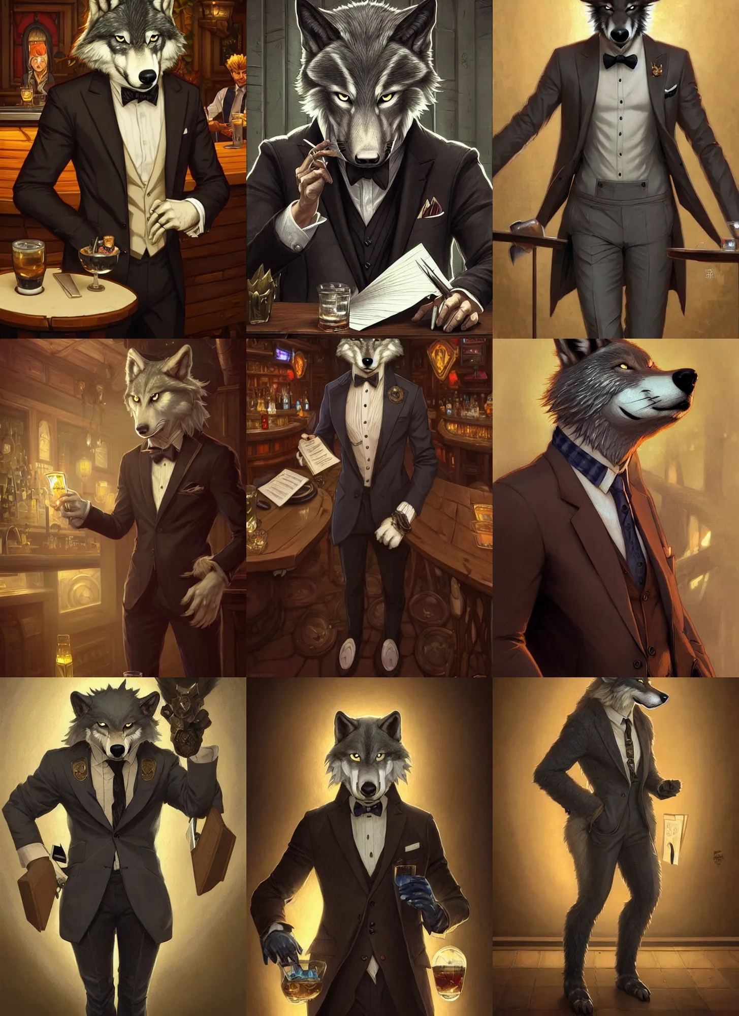 Prompt: male anthropomorphic wolf fursona wearing a nice suit at a bar, deep focus, intricate, elegant, highly detailed, digital painting, artstation, concept art, matte, sharp focus, illustration, d & d, fantasy, hearthstone, art by artgerm and greg rutkowski and alphonse mucha