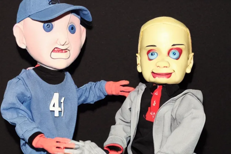 Image similar to Eminem as a ventriloquist doll, hyperrealistic