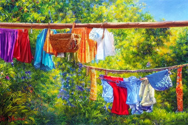 Image similar to summer dresses drying in the sun, created by Mark Keathley