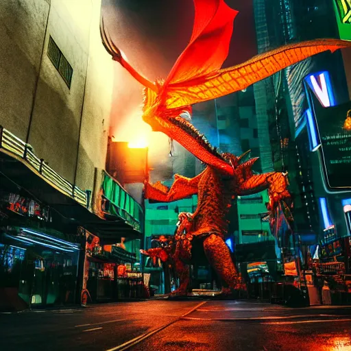 Prompt: futuristic knight fighting off a giant dragon in the middle of a cyberpunk neon city, wide - angle, photographed on colour expired film, detailed photograph
