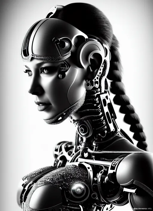 Image similar to a stunning young female cyborg profile face, face is made intricate tribal bio - mechanical, bw, unreal engine, glamor shot, nikon d 7 5 0, closeup, f / 2. 8, low contrast, 1 6 k, rim lighting, optical fiber, cinematic lighting, insanely detailed and intricate, hypermaximalist, elegant, ornate, hyper realistic,