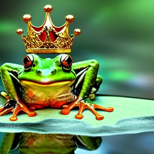 Image similar to a photorealistic frog king sitting on a throne, surrounded by frog servants next on the side of the pond