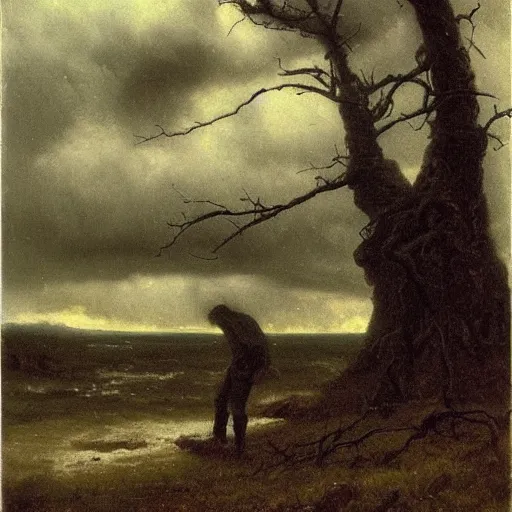 Image similar to pantone, ray tracing by joseph farquharson melancholic, extemporaneous. a body art of a man caught in a storm, buffeted by wind & rain. he clings to a tree for support, but the tree is bent by the force of the storm. he is soaking wet. his face is contorted with fear & effort.