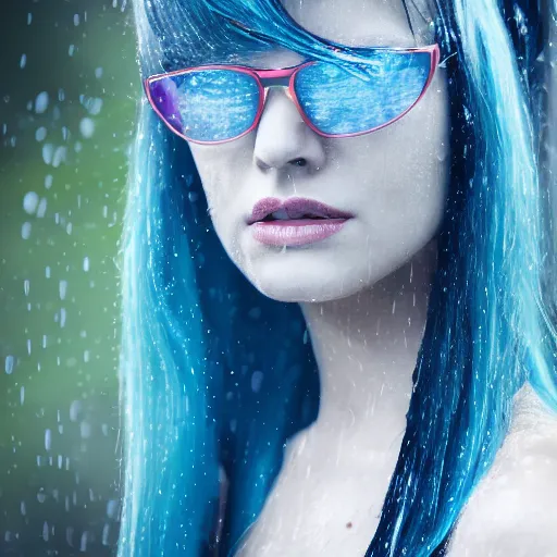 Image similar to highly detailed portrait of pretty lady with shifting shades of blue hair standing in a downpour, 4k resolution