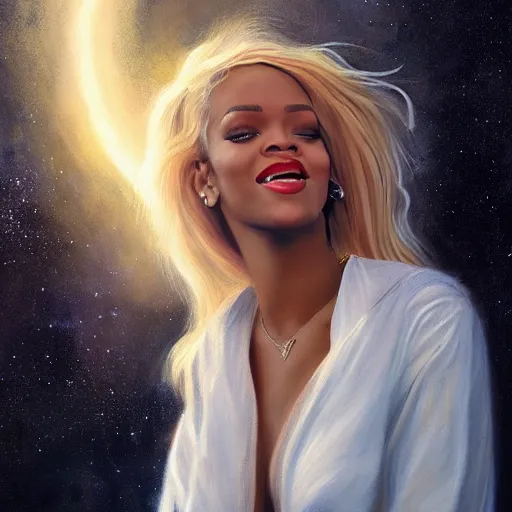 Prompt: a painting of rihanna like an angel, a young woman with long blond hair and a halo wearing a black top and beautiful dress, smiling in heaven, by jessica rossier