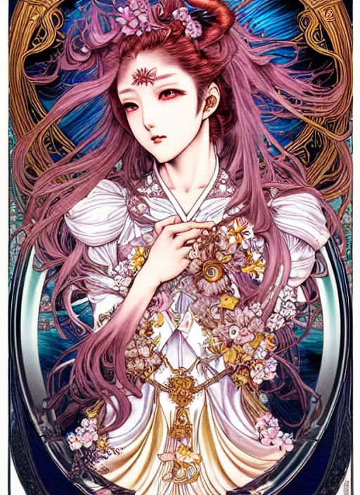 Prompt: highly detailed terada katsuya ayami kojima atrstation manga poster of princess mechine, rainbow gradient reflection, cute face by artgerm, art nouveau, long hair, armor, dress, laces, ruffles, 8 k, maximalist, golden ratio, alphonse mucha