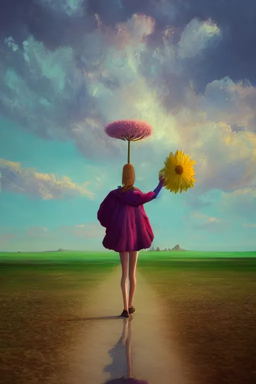 Image similar to giant daisy flower head, girl walking on salt flats mountains, surreal photography, sunrise, dramatic light, impressionist painting, colorful clouds, digital painting, artstation, simon stalenhag