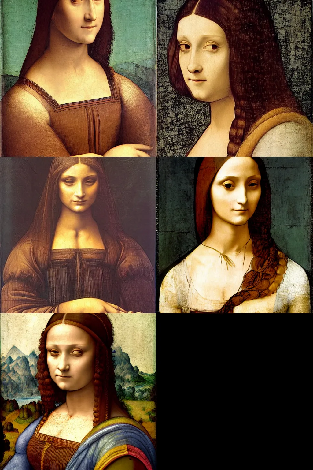 Prompt: an hd painting of a woman by leonardo da vinci. she has straight long dark brown hair, parted in the middle. she has large dark brown eyes, a small refined nose, and thin lips. she is wearing a sleeveless white blouse, a pair of dark brown capris, and black loafers.