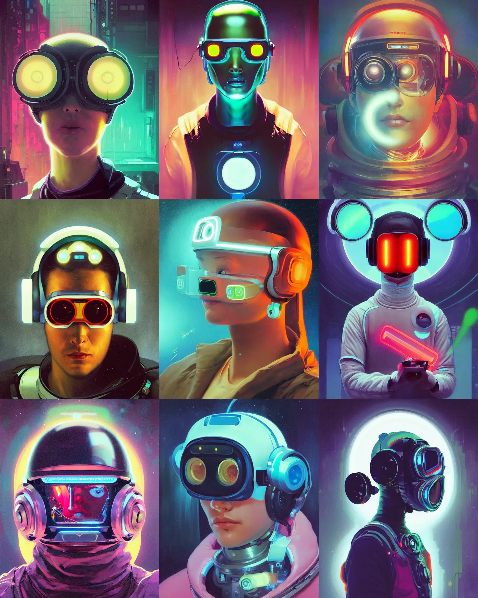 Prompt: future coder looking on, compact cyclops visor over eyes and sleek bright headphoneset, neon accent lights, desaturated headshot portrait painting by dean cornwall, ilya repin, rhads, tom whalen, alex grey, alphonse mucha, donoto giancola, astronaut cyberpunk electric fashion photography