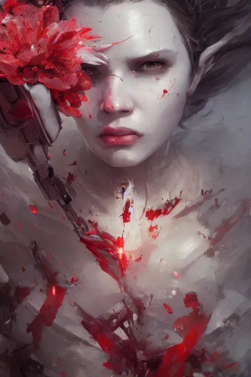 Prompt: abstract beautiful girl predator covered with blood, 3 d render, hyper realistic detailed portrait, holding magic flowers, ruan jia, wlop. scifi, fantasy, hyper detailed, octane render, concept art, by peter mohrbacher, by wlop, by ruan jia