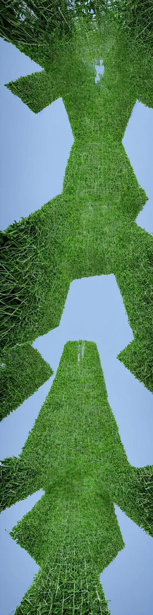 Prompt: wide shot of a vegetal green tower in the center of a very reflectivr water plan