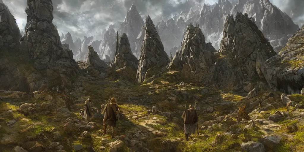 Prompt: VR gameplay screenshot of someone within J.R.R. Tolkien's Middle-Earth. Beautiful. Trending on Artstation. Lighting, colors, and shading by James Gurney.