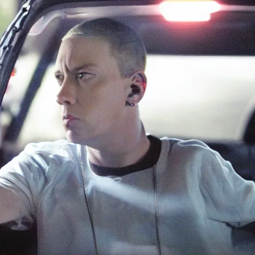 Image similar to Eminem in Drive (2011), dramatic, stormy night, film still