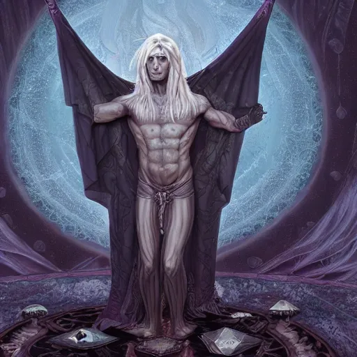 Prompt: wide shot of ritual, silvery skinned male elf, occult robes, summoning eldritch god, fantasy, d & d, intricate, high detail, 4 k, dark colors, by brom