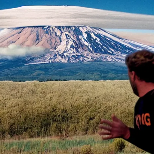 Image similar to a man in the foreground running with a terrified look on his face glancing behind him with mt st helens erupting behind him and ash is headed towards him