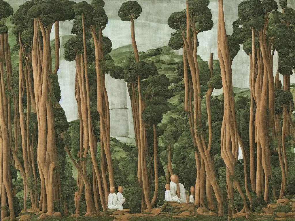 Prompt: Monks meditating in a cave. Thunderstorm outside, cypresses, ferns. Painting by Piero della Francesca.