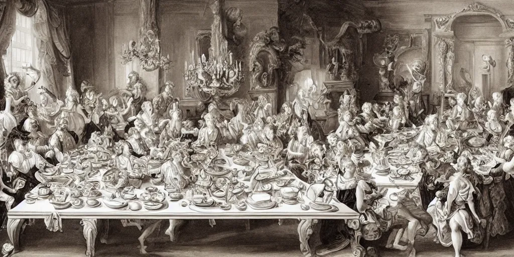 Image similar to rococo style drawing of work colleagues of a design studio get together to feast on a big table with lots of food