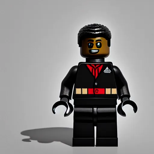 Image similar to photo of lego figure of men in black Adidas tracksuit holding a bottle