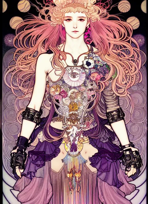 Prompt: highly detailed terada katsuya artstation ayami kojima manga poster of princess mechine, rainbow gradient reflection, long hair, armor, dress, laces, ruffles, 8 k, maximalist,, jump comics, tomer hanuka, alphonse mucha