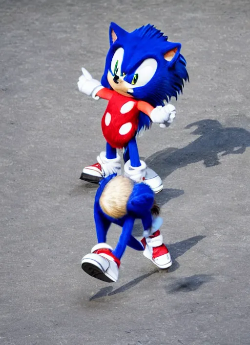 Image similar to hyperrealistic and heavy detailed moncler runway show of sonic the hedgehog, leica sl 2 5 0 mm, vivid color, high quality, high textured, real life