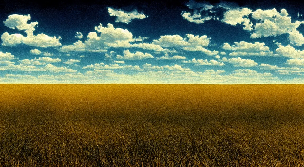 Image similar to film still of kansas landscape and sky, intricate, beautiful, serene, majestic, detailed, ultra, mega, super, visable sounds waves