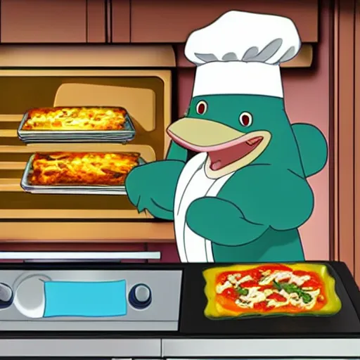 Image similar to anime cute platypus on a kitchen wearing a chef hat and holding a lasagna into an oven, anime style