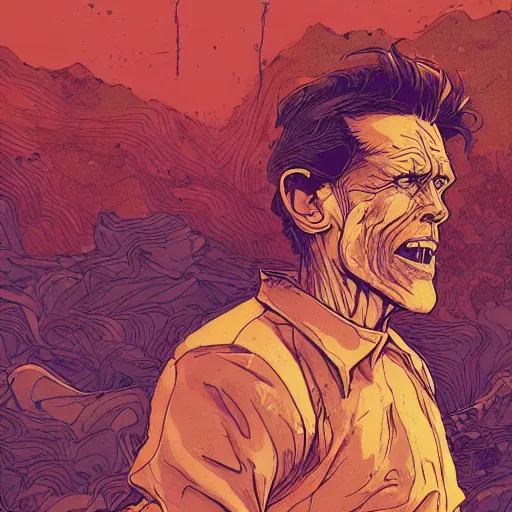 Prompt: Willem Dafoe covered in dirt chilling 2d illustration by Feng Zhu and Loish and Laurie Greasley, Victo Ngai, Andreas Rocha, John Harris, artstation, sharp focus