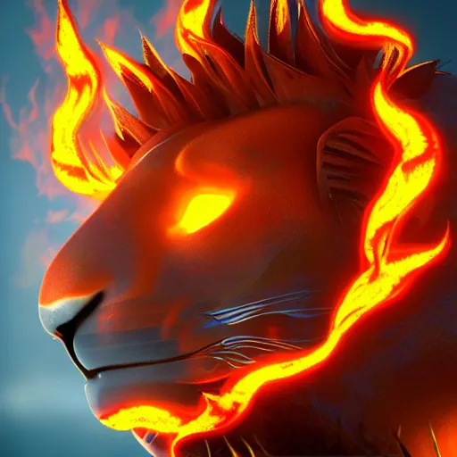 Image similar to fire lion, flaming, detail, unreal engine